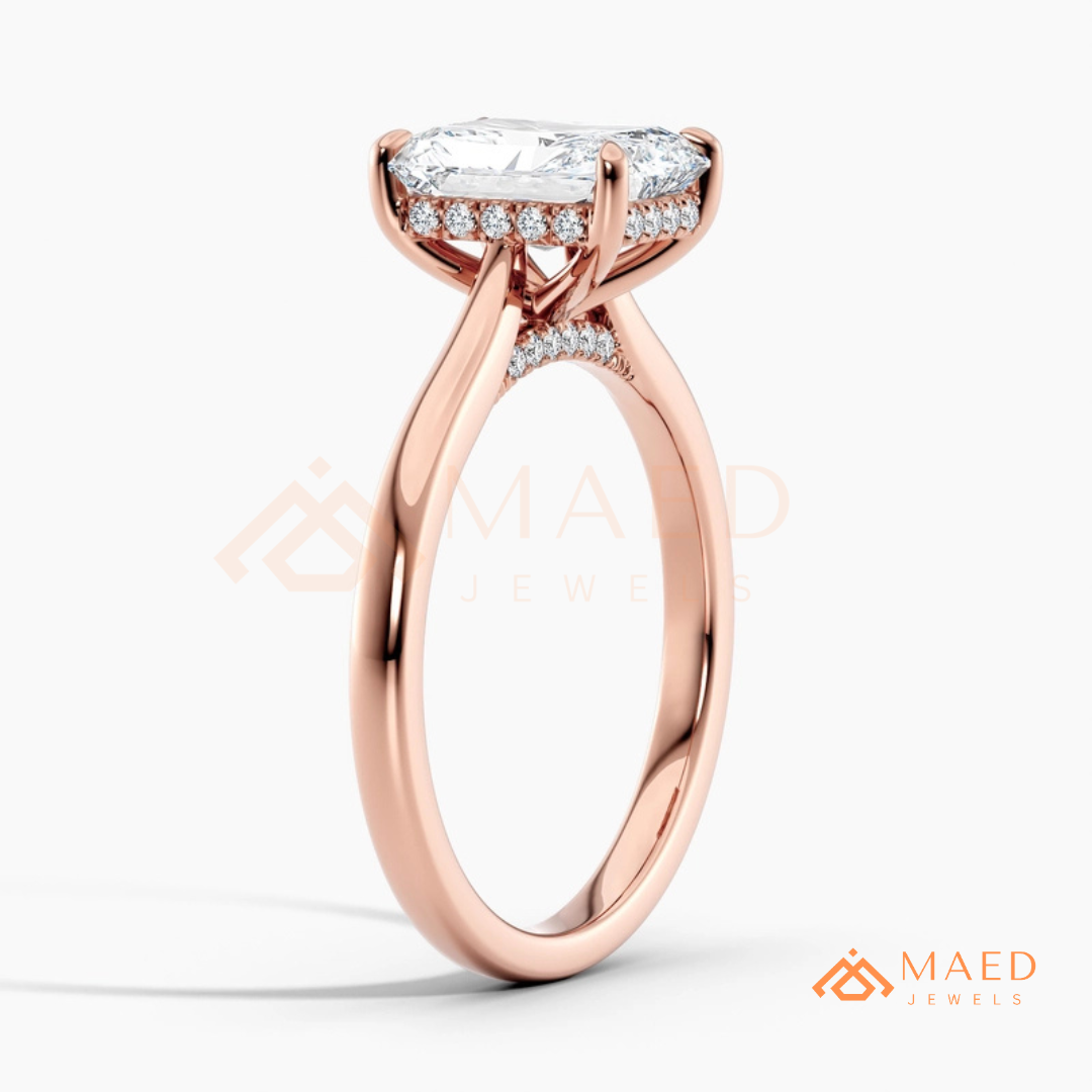 Classic Radiant Cut Solitaire Engagement Ring with Hidden Halo in Silver, 14K Gold & Rose Gold