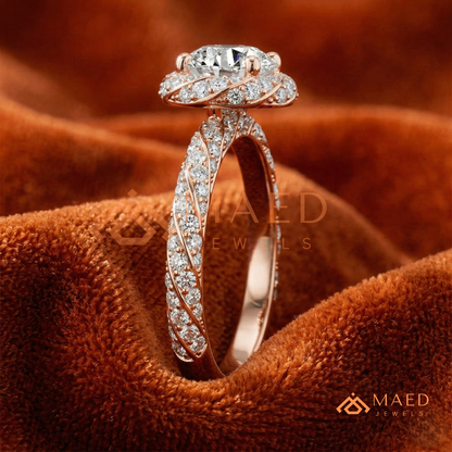 ound Cut Halo Twisted Band Promise Ring (Silver, 14K Yellow/Rose Gold)