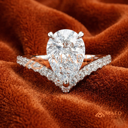 Pear Cut Chevron Engagement Ring with V-Shaped Pavé Band in Silver, 14K Gold, & 14K Rose Gold