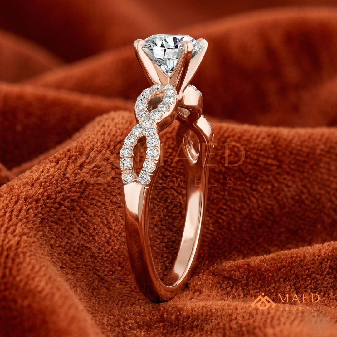 Intertwined Vortex Halo Diamond Simulant Ring in 14K Yellow Gold, Rose Gold & Silver