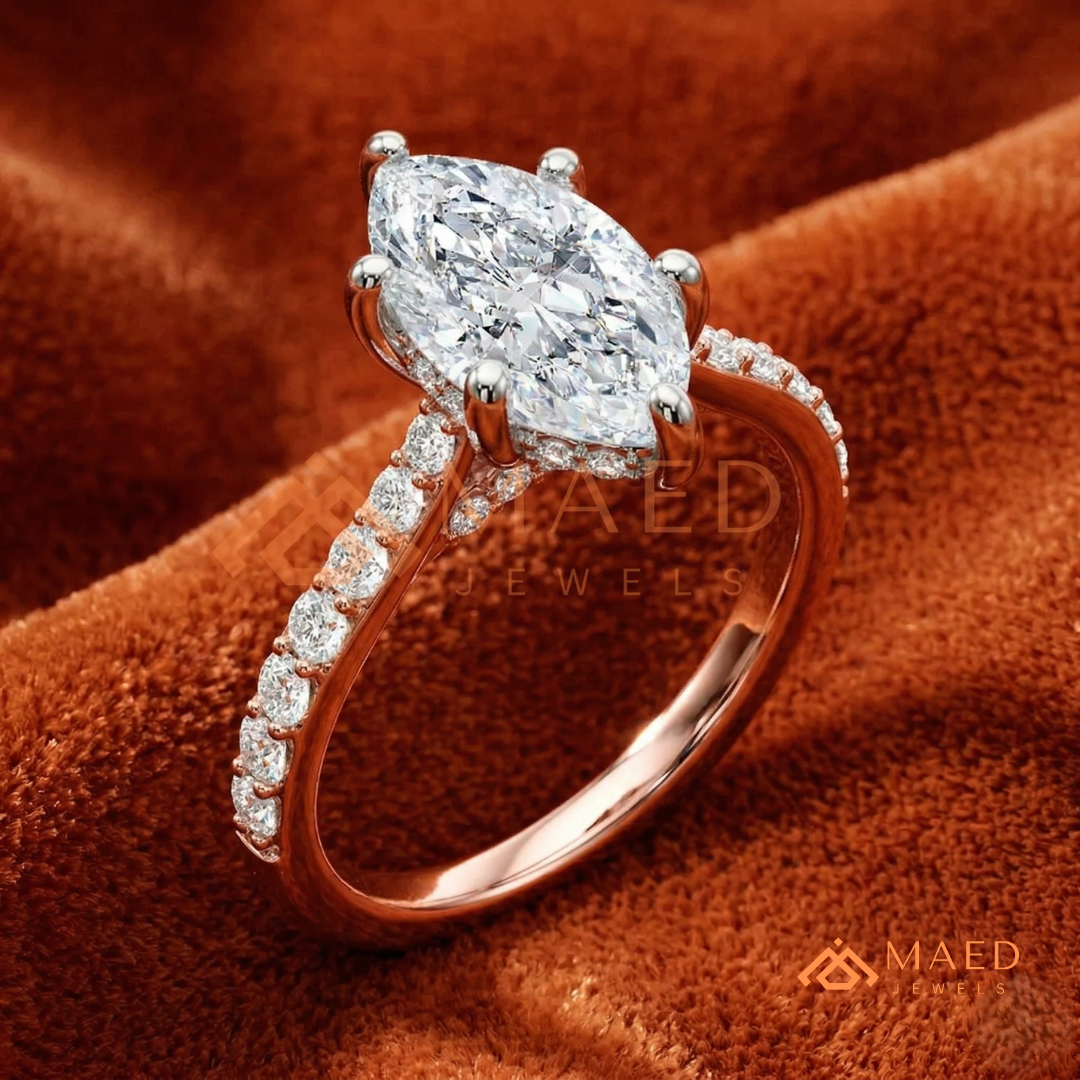 Vintage Marquise Cut Pavé Engagement Ring in Gold, Rose Gold  & Silver