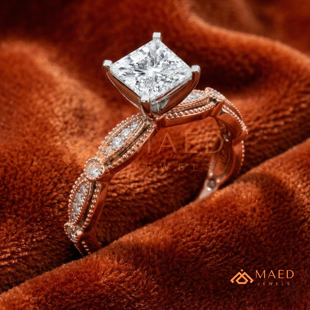 Princess Cut Vintage Engagement Ring in 14K Gold, Rose Gold & Silver | Antique Milgrain Pave Moissanite Ring for Women