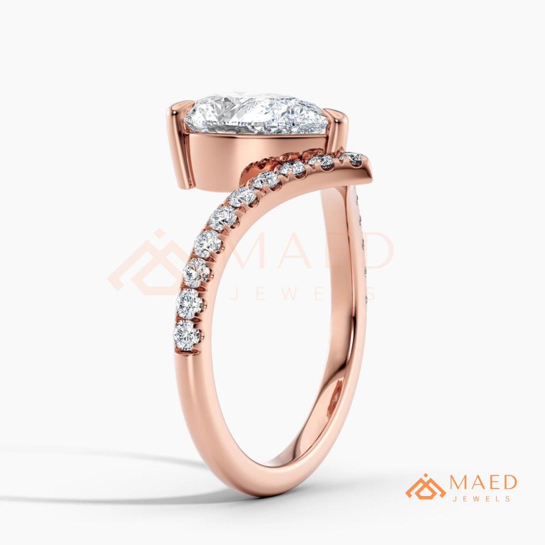 Pear Cut Chevron Engagement Ring with V-Shaped Pavé Band in Silver, 14K Gold, & 14K Rose Gold
