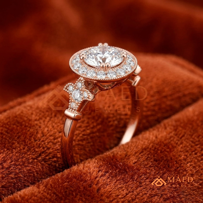 Vintage-Inspired Round Halo Engagement Ring with Milgrain Detail in 14K Gold, Rose Gold or Silver