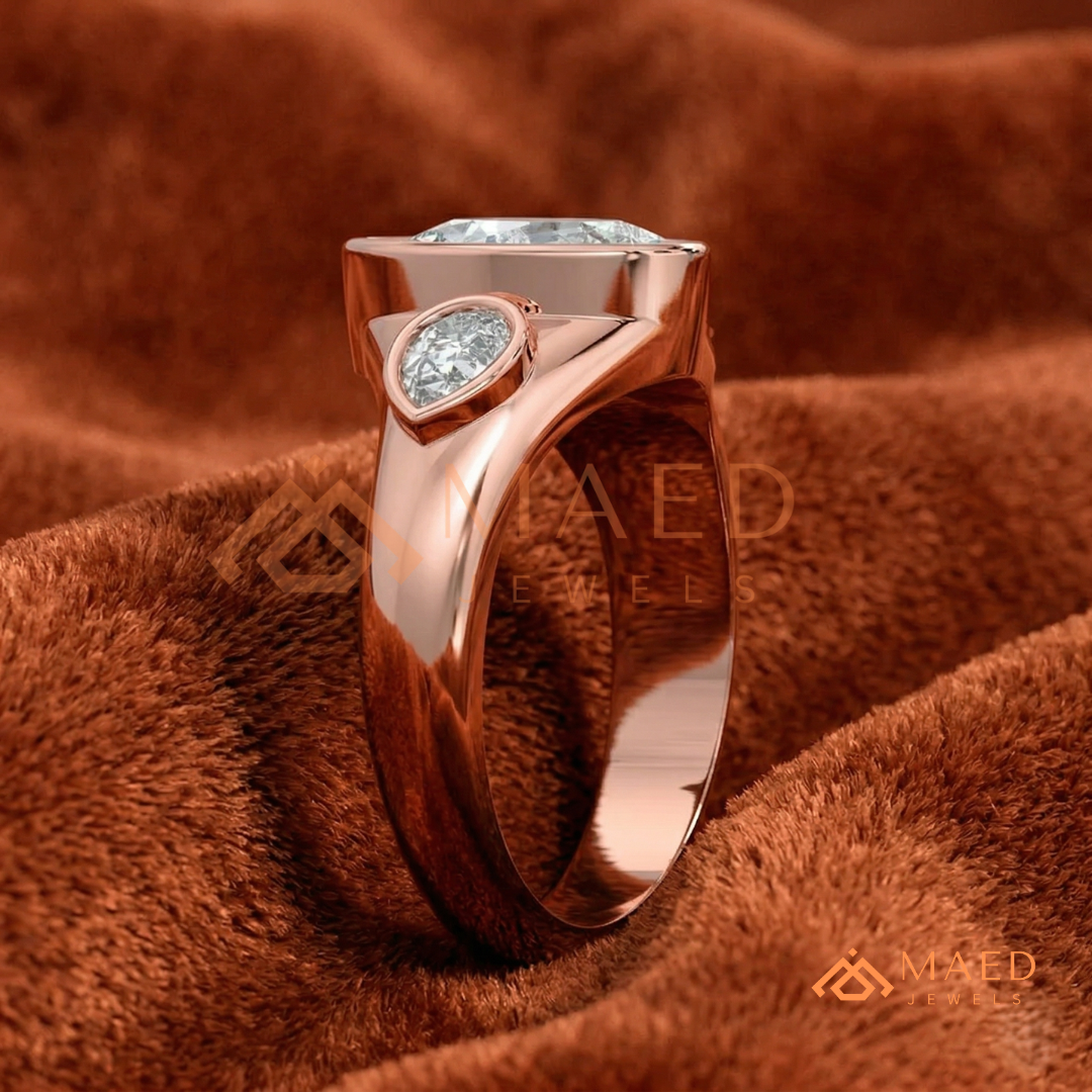 Modern Three-Stone Pear Shaped Bezel Engagement Ring in Silver, 14K Gold & Rose Gold
