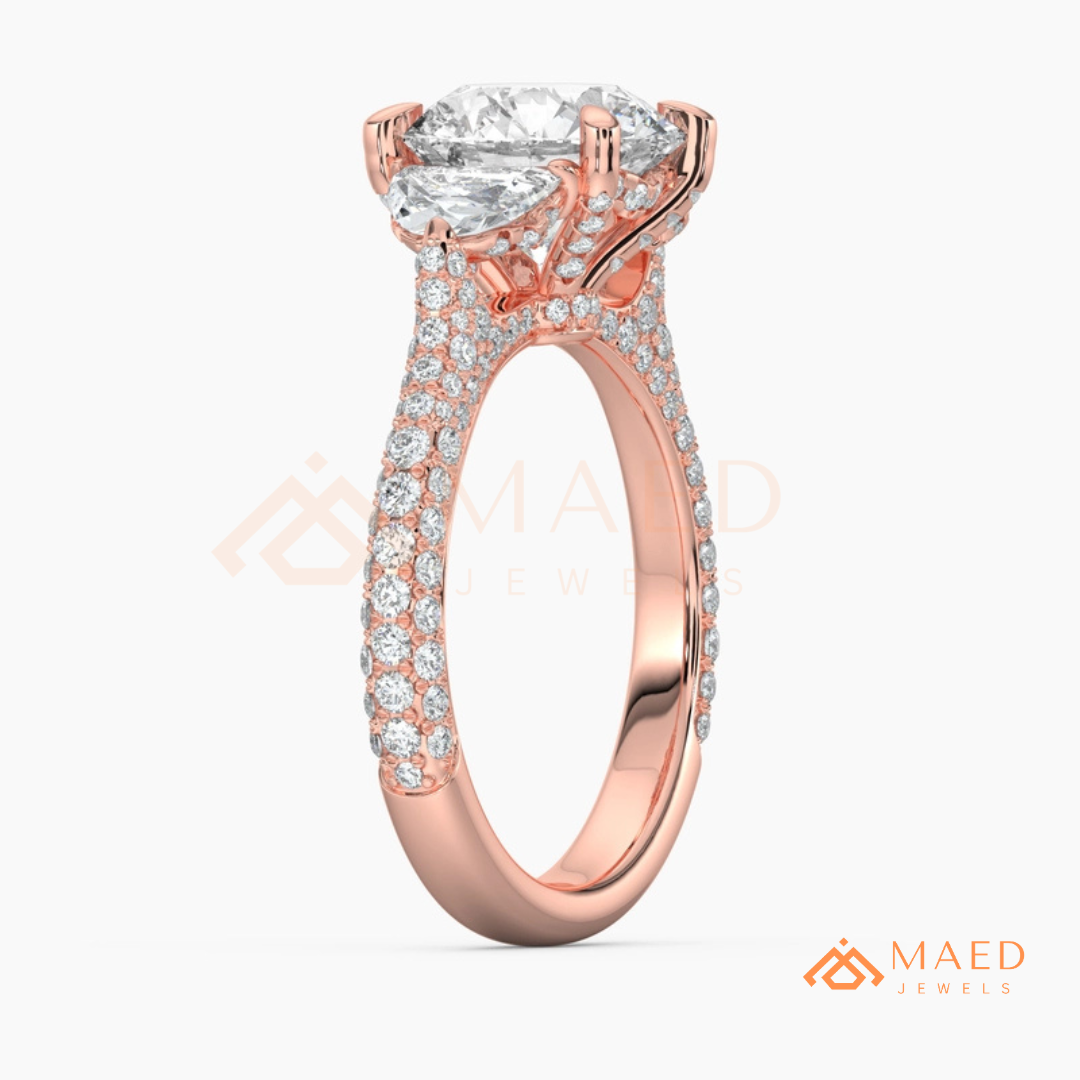 Round Brilliant and Half Moon Three Stone Ring | Multi-Row Pavé Band in 14k Gold & Silver