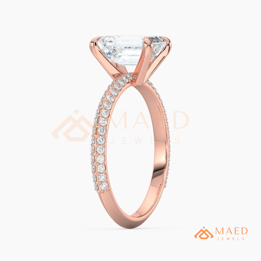 Emerald Cut Engagement Ring with Multi-Row Pavé Band in Silver, 14K Gold, & 14K Rose Gold