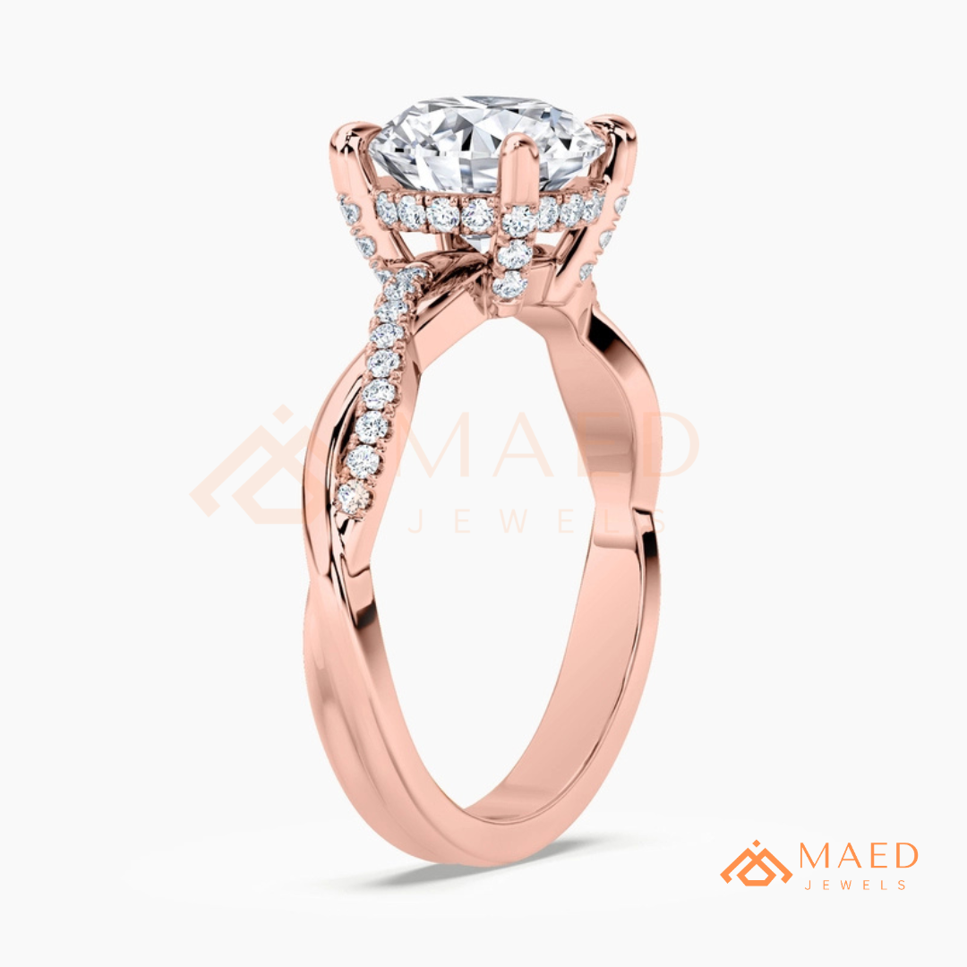 Round Cut Engagement Ring with Twisted Pavé Band in Silver, 14K Gold, & 14K Rose Gold