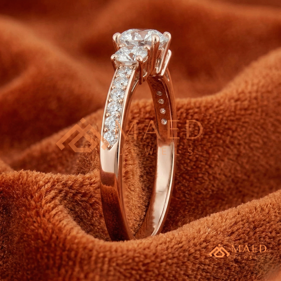 Round Cut 3-Stone Engagement Ring in 14K Gold, Rose Gold & Silver | Classic Three Stone Pave Moissanite Ring for Women