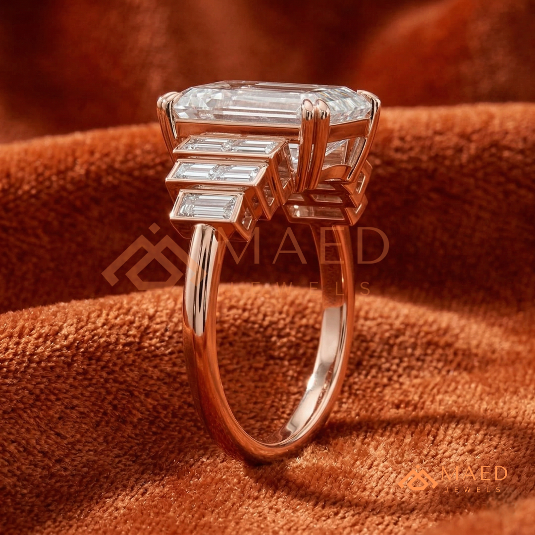 Radiant Cut Rectangular Halo Ring with Dome Triple-Row Pavé Band