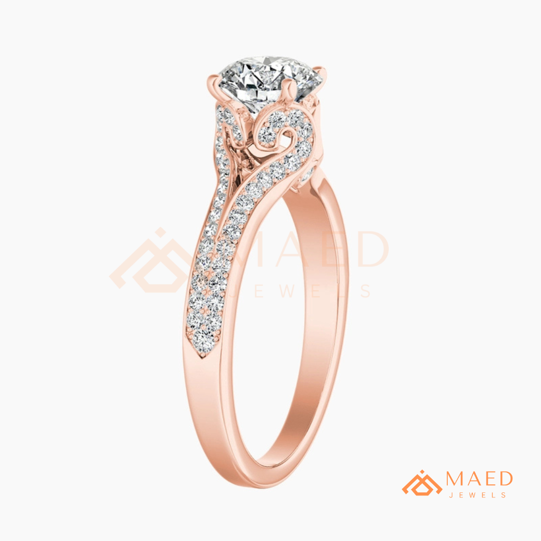 Round Brilliant Cut Split Shank Cathedral Engagement Ring in 14K Gold, Rose Gold & Silver | Vintage-Inspired Pave Accent Ring for Women