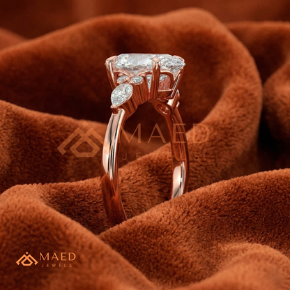 Oval Cut Cluster Engagement Ring | Pear & Round Side Stones in 14K Gold & Silver
