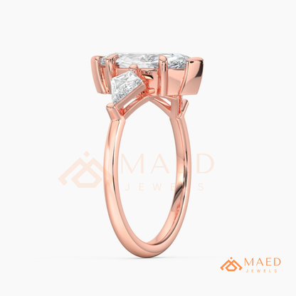 Marquise Cut Three Stone Ring with Kite Side Diamonds | 14k Gold, Rose Gold & Silver