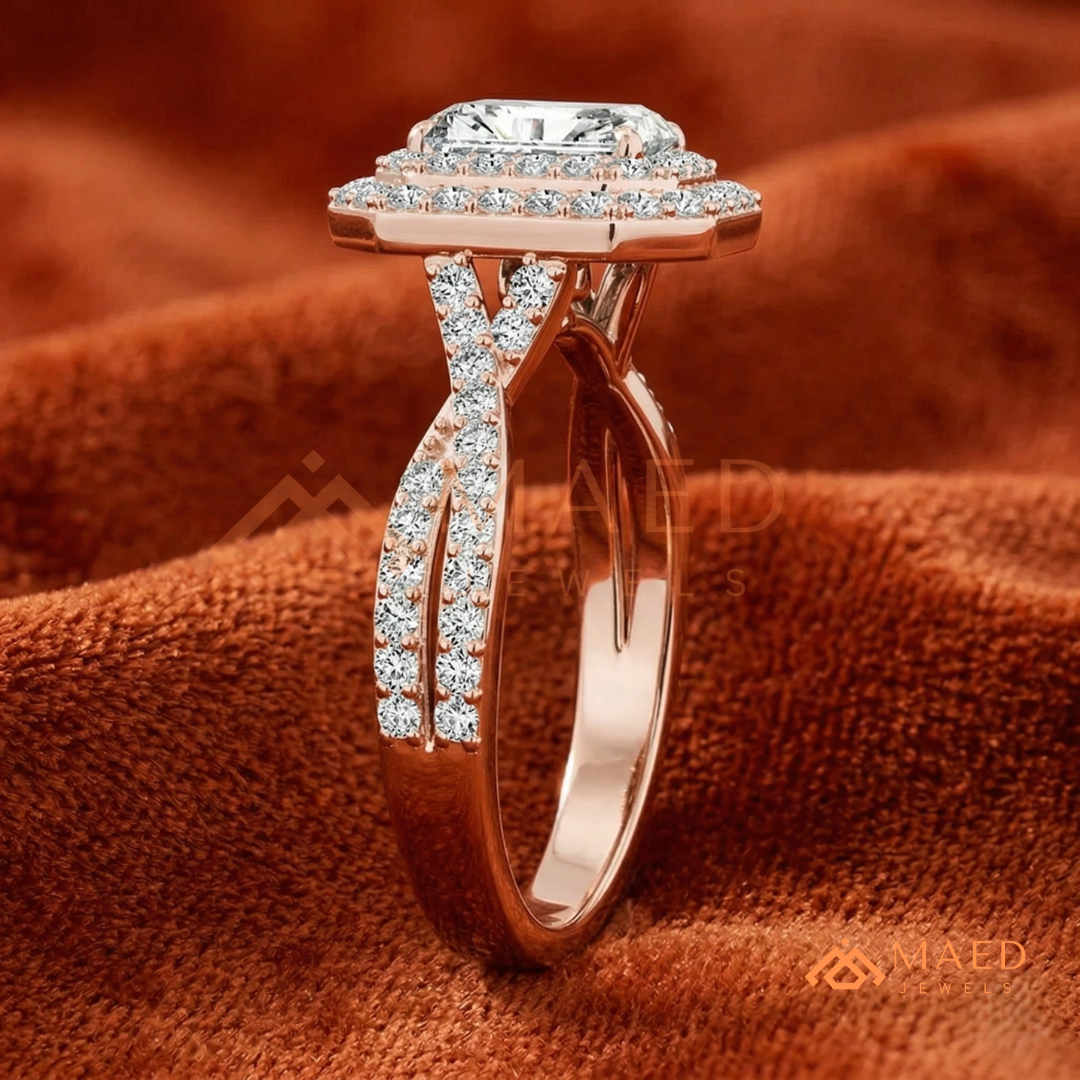 Radiant Cut Double Halo Engagement Ring with Twisted Band | 14k White Gold 14k Rose Gold,14K GOLD