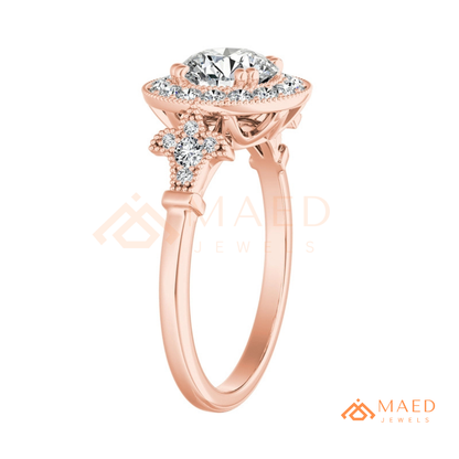 Vintage-Inspired Round Halo Engagement Ring with Milgrain Detail in 14K Gold, Rose Gold or Silver