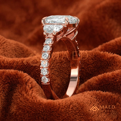 Classic Cushion Cut Three-Stone Engagement Ring with Half-Moon Side Stones in Silver, 14K Gold & Rose Gold