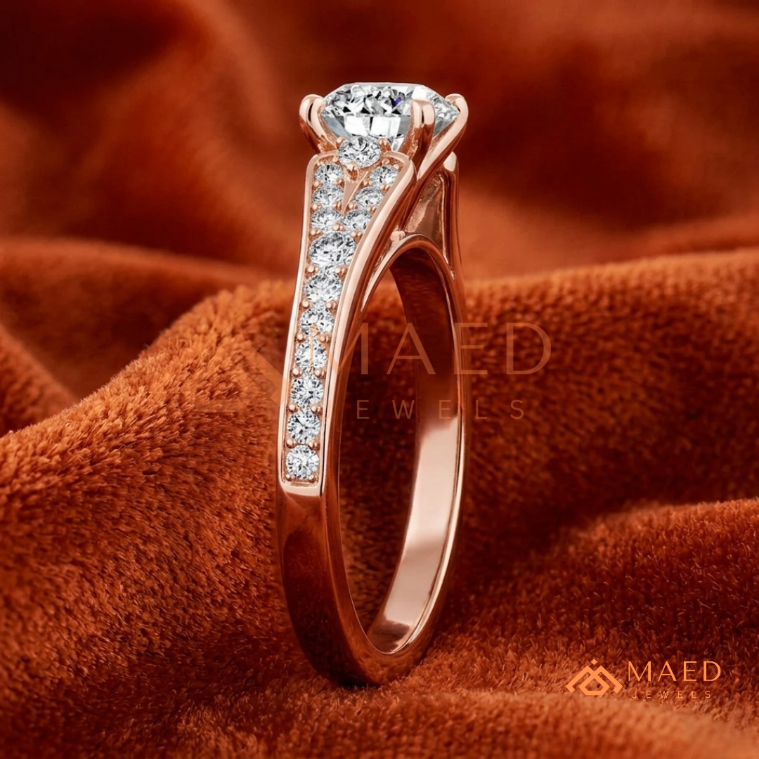 Round Cut Engagement Ring with Pavé Accents in 14K Gold, Rose Gold or Silver