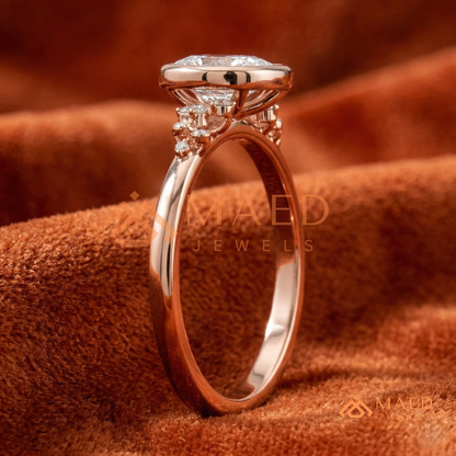 Pear Cut Bezel Set Engagement Ring with Cluster Accent Diamonds in 14K Gold, Rose Gold & Silver