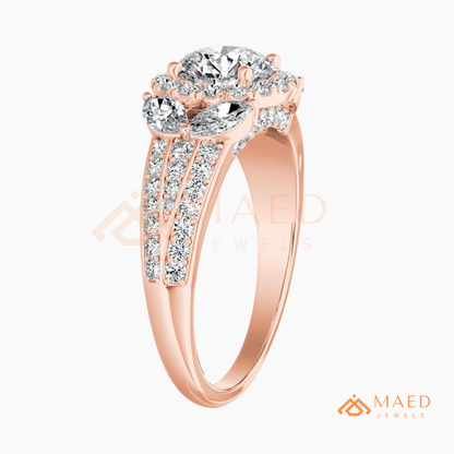 Radiant Halo Engagement Ring with Marquise Side Stones & Pavé Band