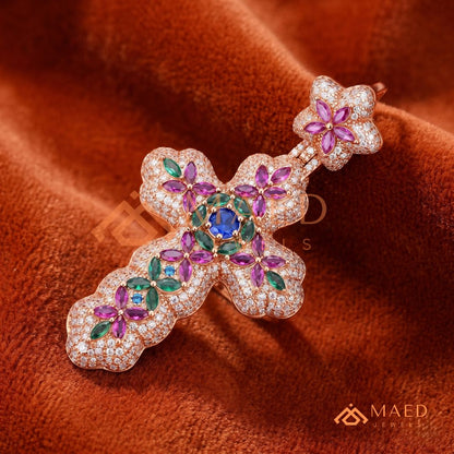 Iced Out Baroque Cross Statement Pendant with Pink & Green Stones