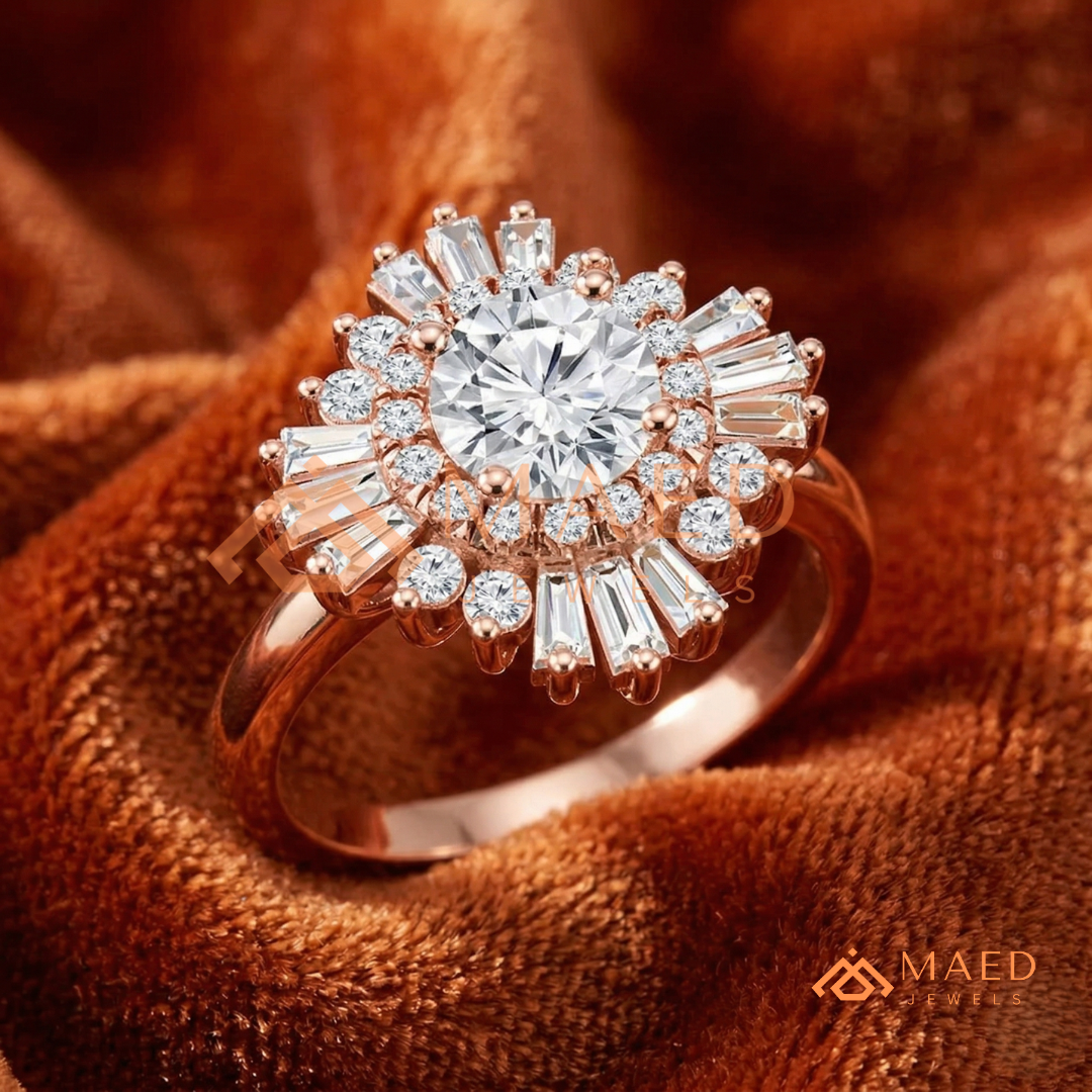 Vintage Art Deco Starburst Halo Ring in Sterling Silver, 14k Gold, or 14k Rose Gold