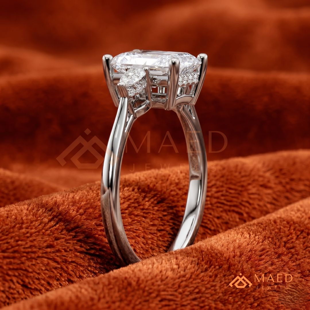 Radiant Cut Engagement Ring with Pear Side Stones | 14k Gold, Rose Gold & Silver