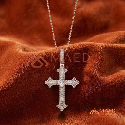 The Monarch Princess-Cut Cross | Royal Fleur-De-Lis Pave Crucifix Pendant