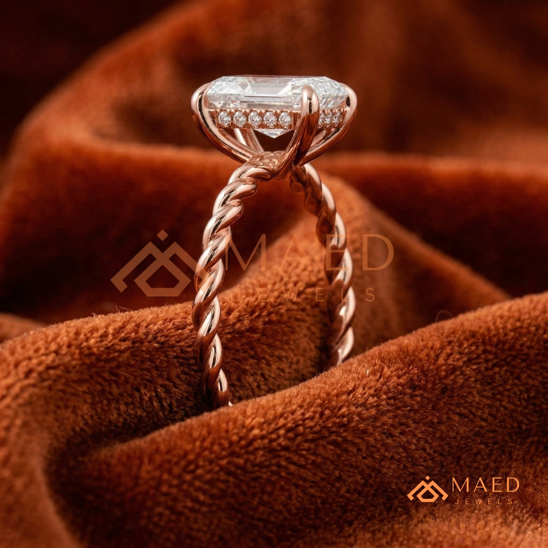 Classic Radiant Cut Twisted Cable Solitaire Ring in Silver, 14K Yellow Gold, or Rose Gold