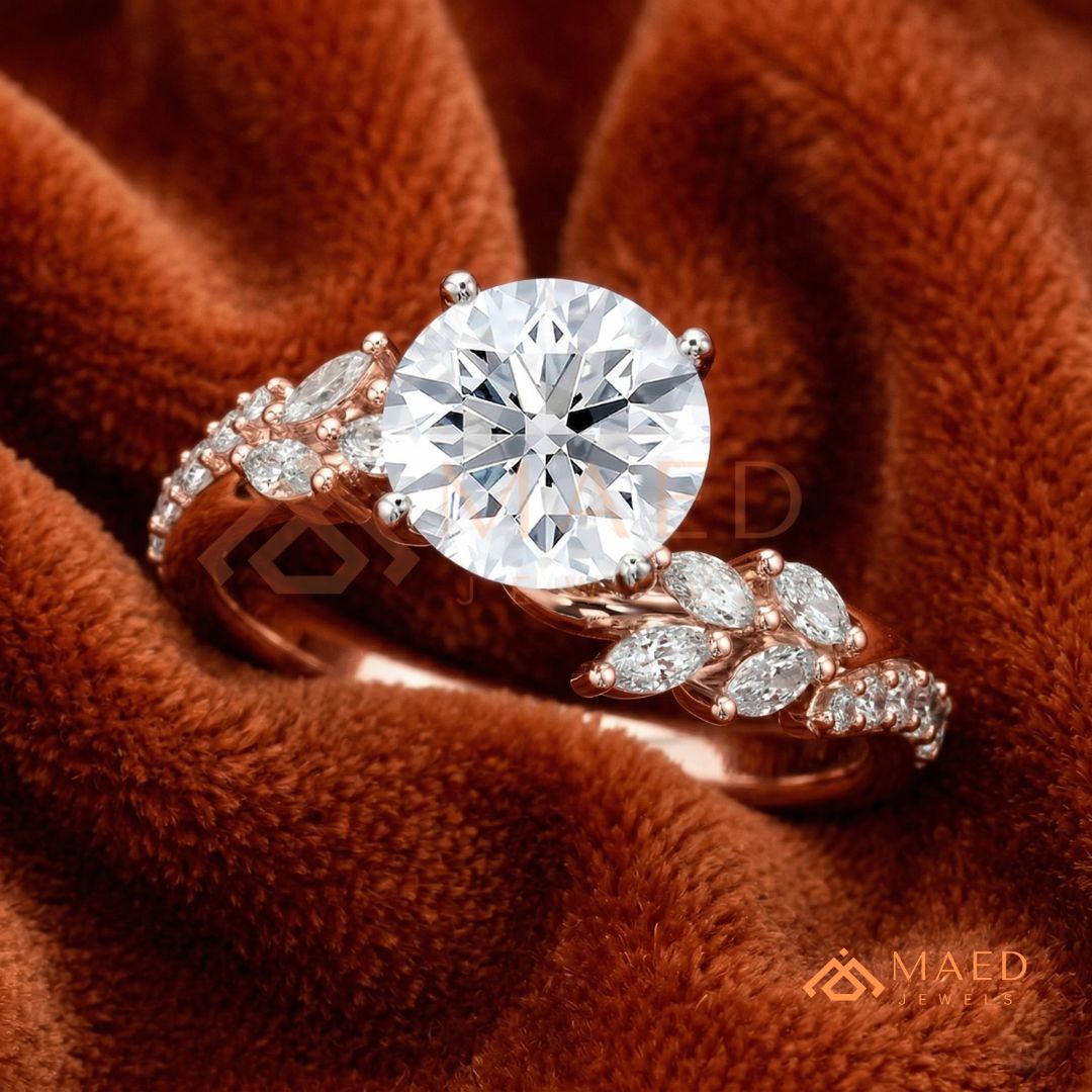 Round Cut Moissanite Nature Inspired Engagement Ring in 925 Sterling Silver, 14K Gold & 14K Rose Gold | Marquise Leaf Cluster Twisting Wedding Ring