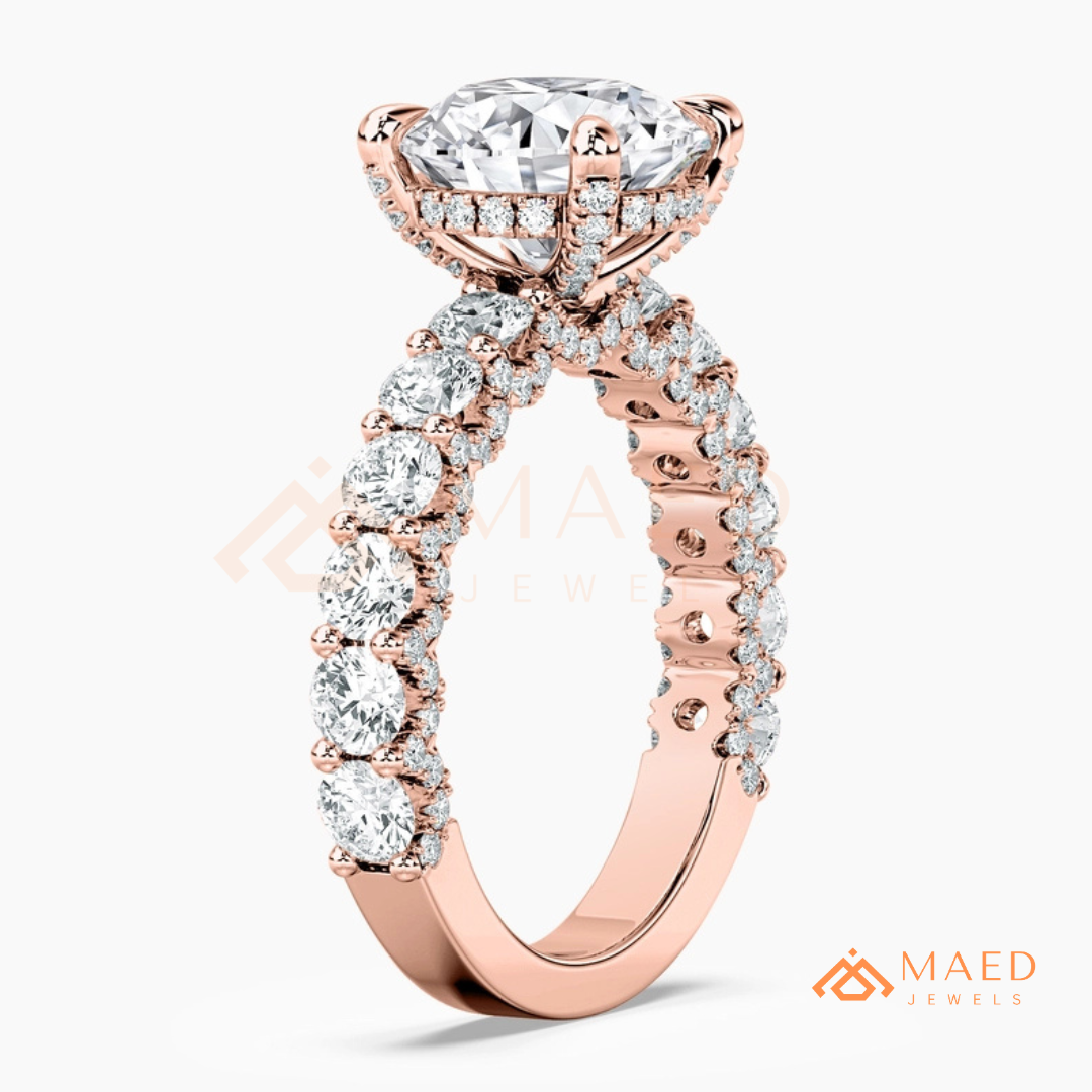 Round Brilliant Cut Engagement Ring with Shared Prong Band | 14k Gold, Rose Gold & Silver
