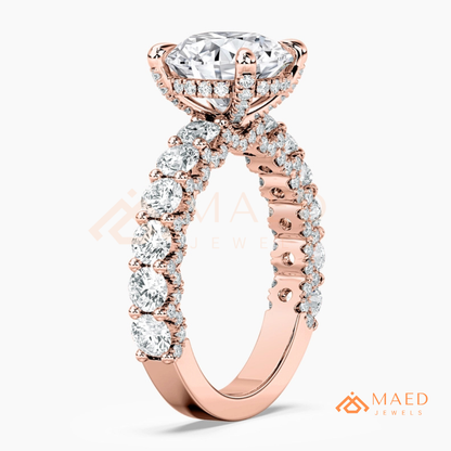 Round Brilliant Cut Engagement Ring with Shared Prong Band | 14k Gold, Rose Gold & Silver