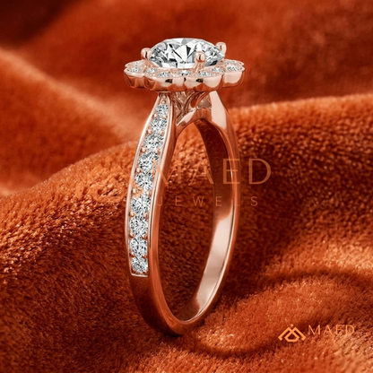 Round Cut Flower Halo Engagement Ring with Pave Band