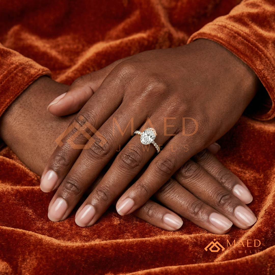 Oval Cut Engagement Ring with Pavé Band | Classic 4-Prong Promise Ring for Women | 14K Gold, Rose Gold & Sterling Silver