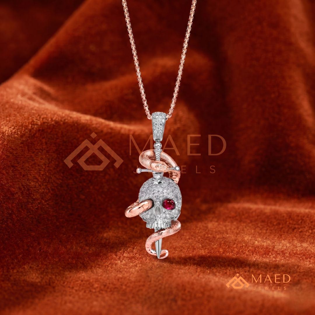 Fully Flooded Skull & Serpent Statement Charm – Ruby Red Eye Hip Hop Pendant
