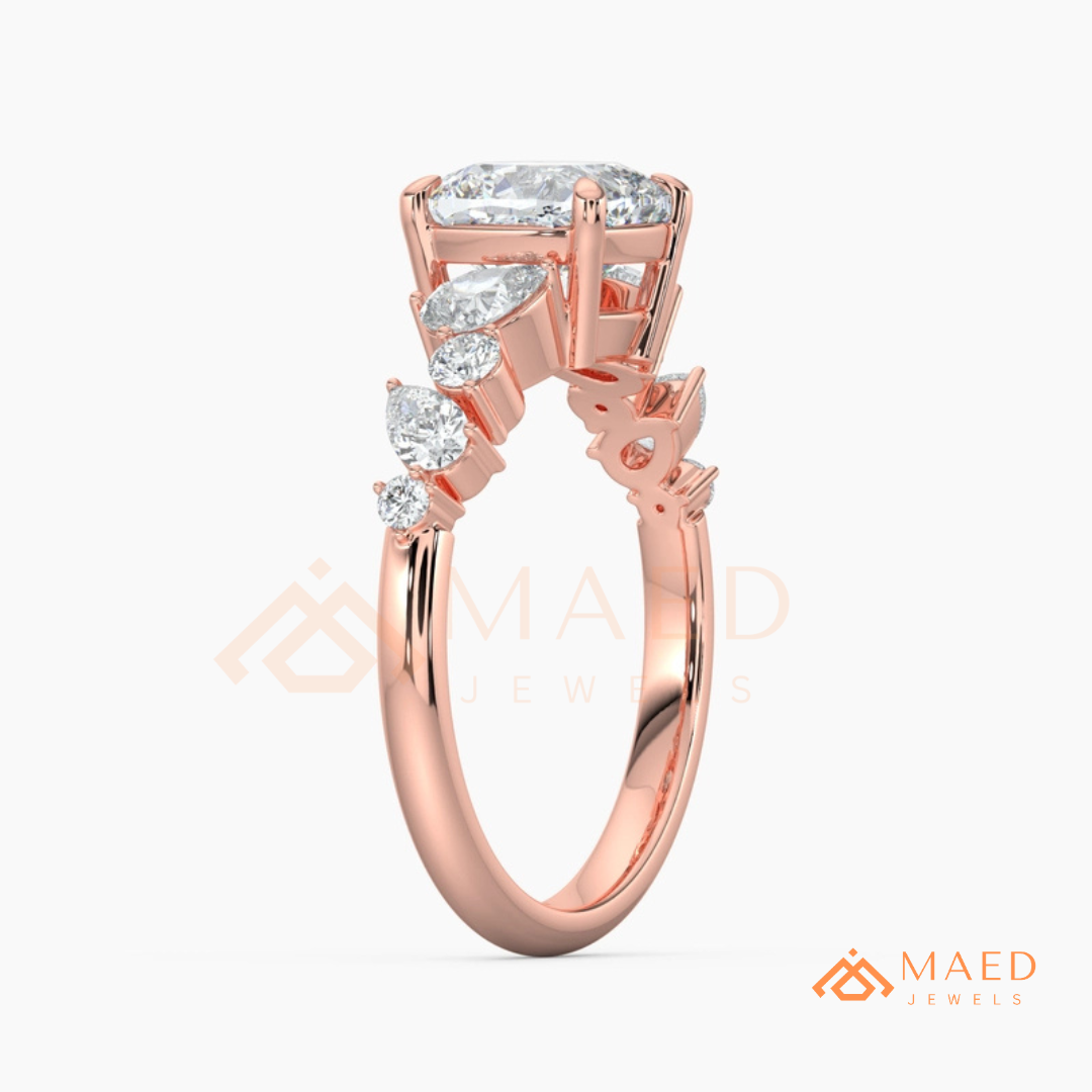 Cushion Cut Engagement Ring with Pear Accent Band in Silver, 14K Gold, & 14K Rose Gold