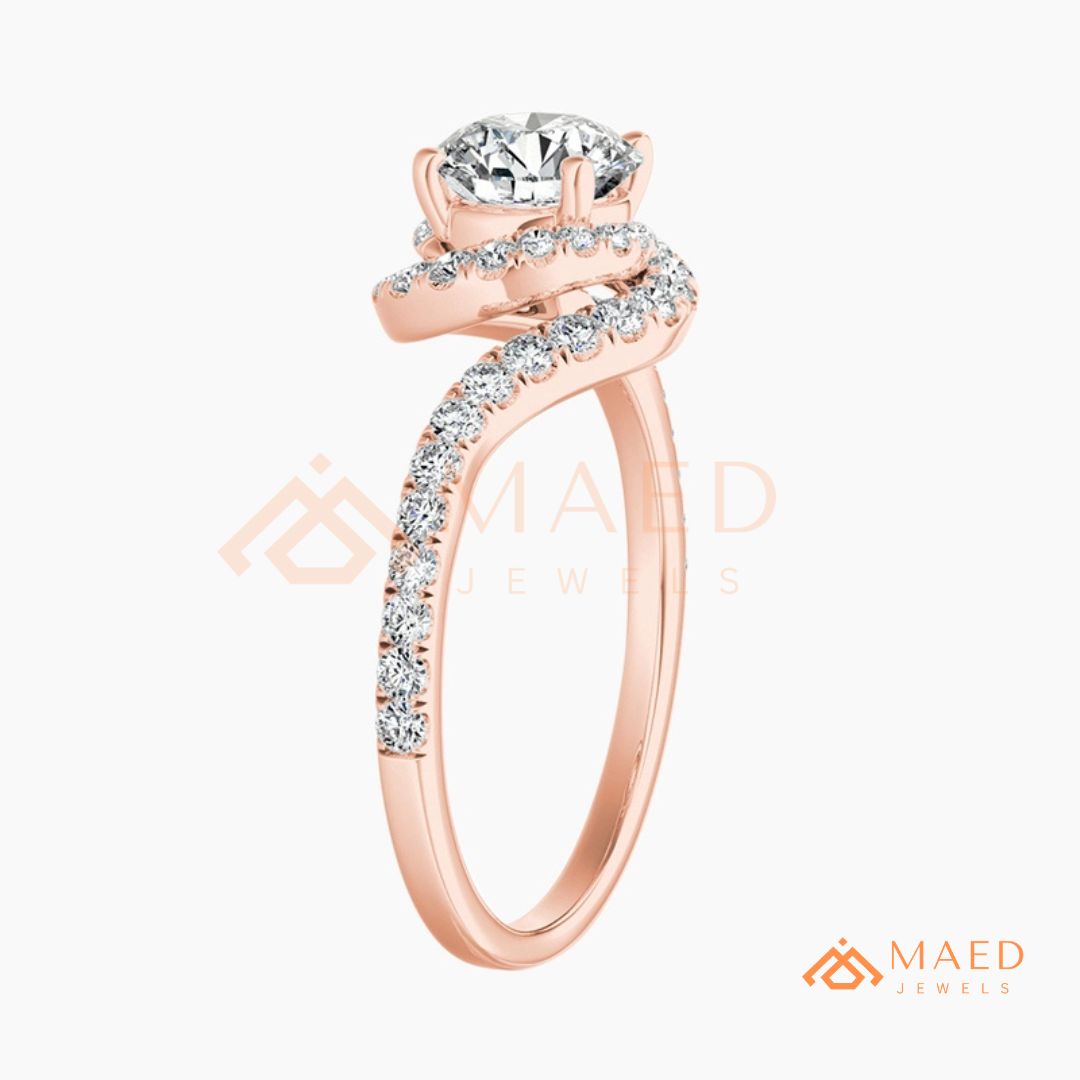 Moissanite Bypass Halo Engagement Ring in 14K Gold, Rose Gold & Sterling Silver | Twisted Pave Diamond Accent Ring for Women