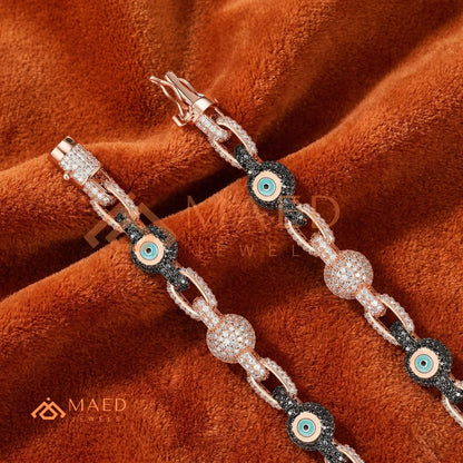 Luxury Diamond & Black Spinel Evil Eye Link Chain Bracelet