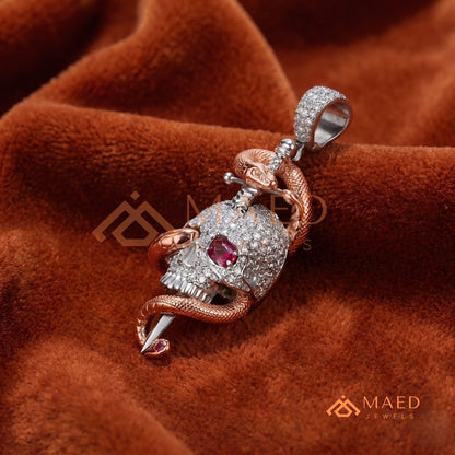 Fully Flooded Skull & Serpent Statement Charm – Ruby Red Eye Hip Hop Pendant