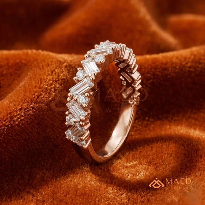 Angled Baguette & Round Cut Chevron Wedding Band | Crown Moissanite Tiara Ring in Silver, 14K Gold, & Rose Gold