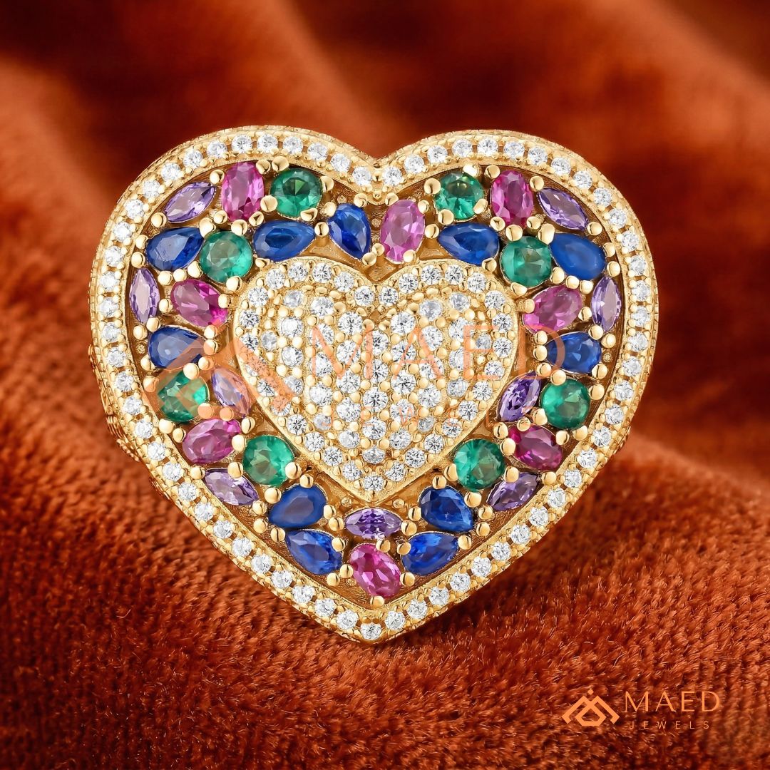Luxury Multi-Color Iced Heart Statement Ring – 925 Silver, 14K Gold & Rose Gold