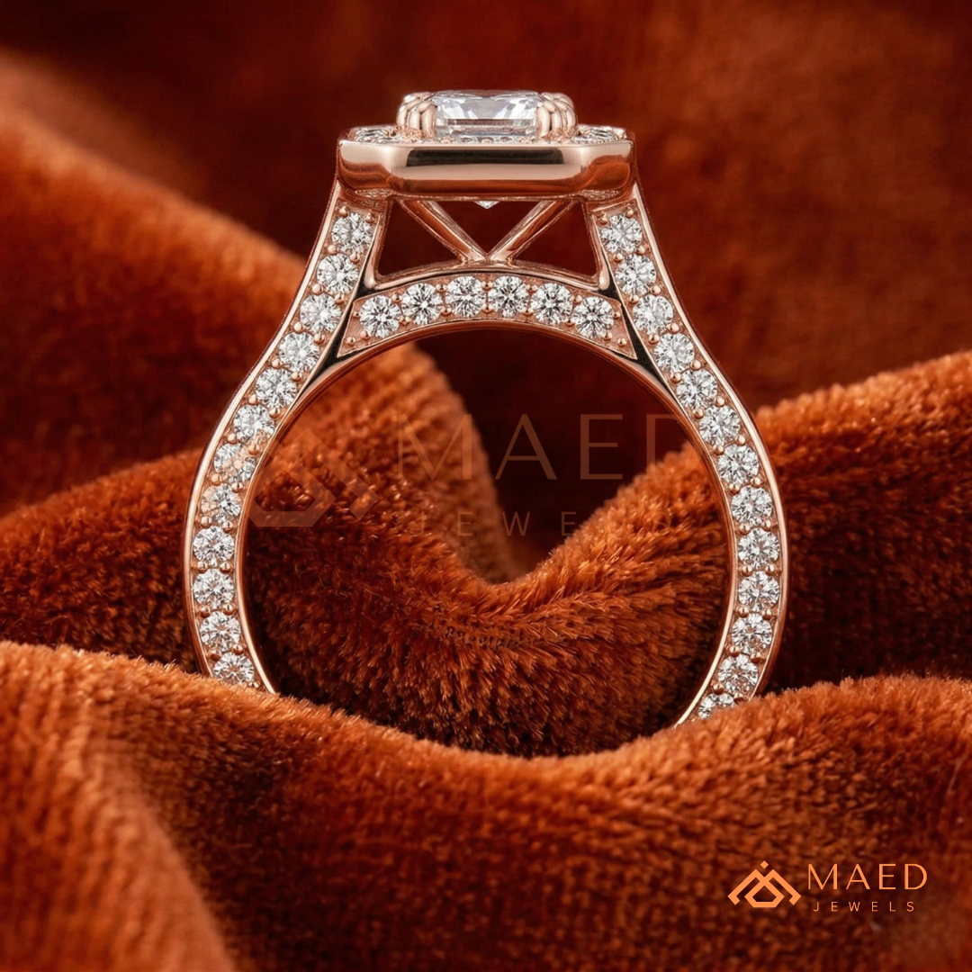 Art Deco Emerald Cut [Gemstone Type] Bezel Halo Ring in 14K Yellow Gold, Rose Gold & Silver