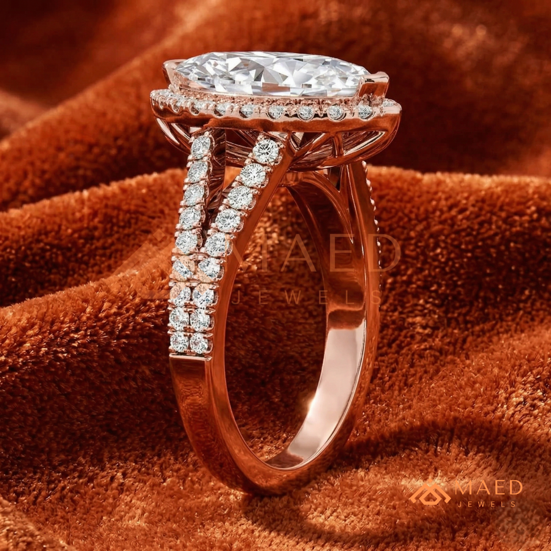 Marquise Cut Halo Engagement Ring | Split Shank Pave Band in 14K Gold & Silver