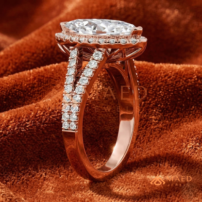 Marquise Cut Halo Engagement Ring | Split Shank Pave Band in 14K Gold & Silver