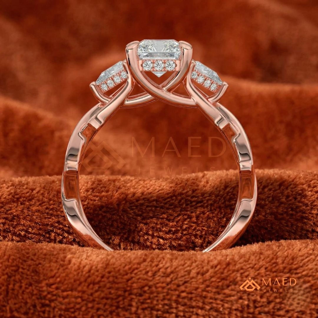 Nature-Inspired Radiant Cut Three-Stone Engagement Ring in Silver, 14k Gold, Rose Gold & Rose Gold