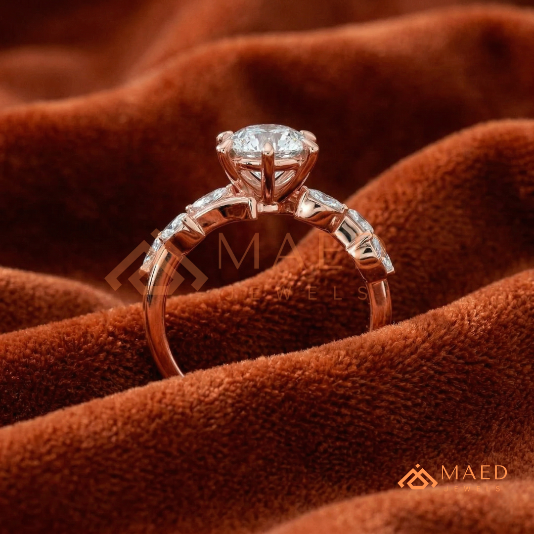 Nature Inspired Round Moissanite Engagement Ring, 6-Prong Marquise Leaf Twig Wedding Ring in Silver, 14K Gold & Rose Gold