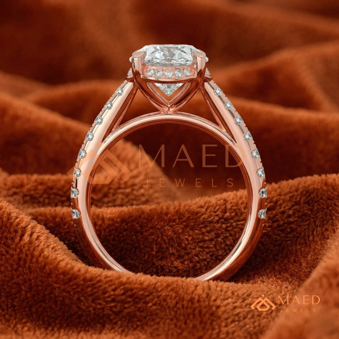 Oval Cut Hidden Halo Engagement Ring | Pavé Band in 14k Gold, Rose Gold & Silver