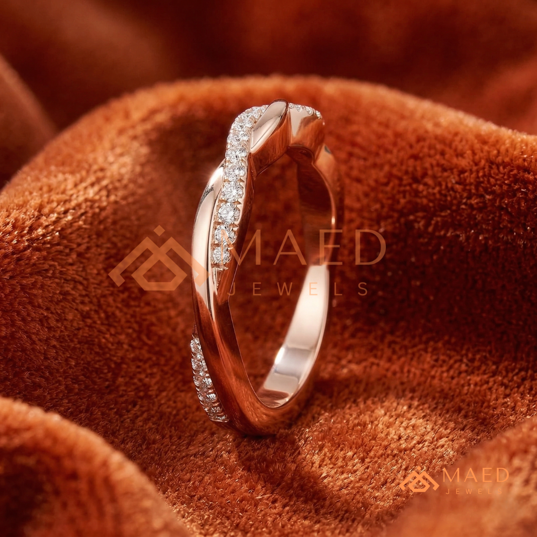 Half-Pavé Twisted Vine Diamond Wedding Band | Interlocking Infinity Wave Ring in Silver, 14K Gold, & Rose Gold