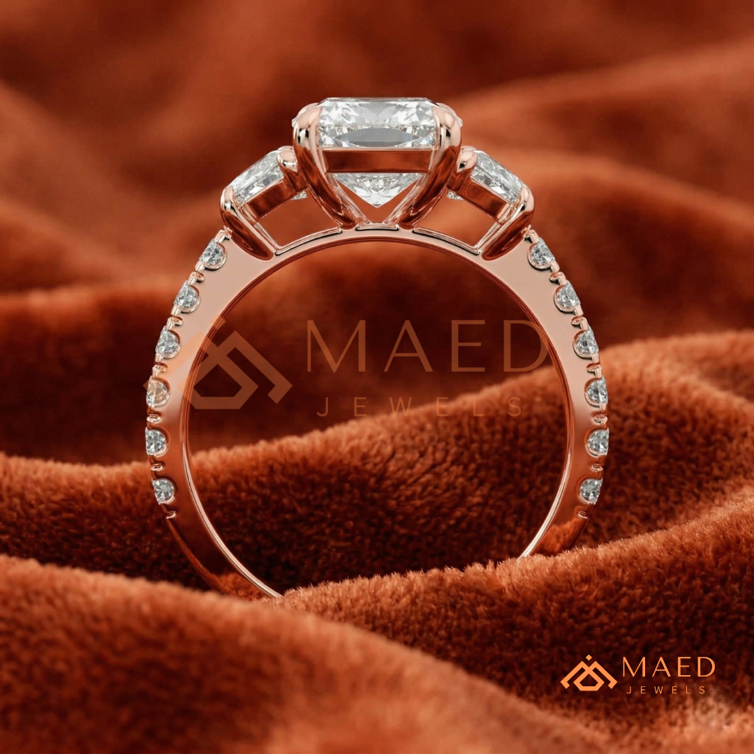 Classic Cushion Cut Three-Stone Engagement Ring with Half-Moon Side Stones in Silver, 14K Gold & Rose Gold