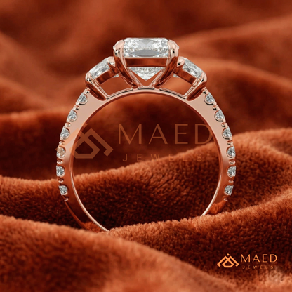 Classic Cushion Cut Three-Stone Engagement Ring with Half-Moon Side Stones in Silver, 14K Gold & Rose Gold