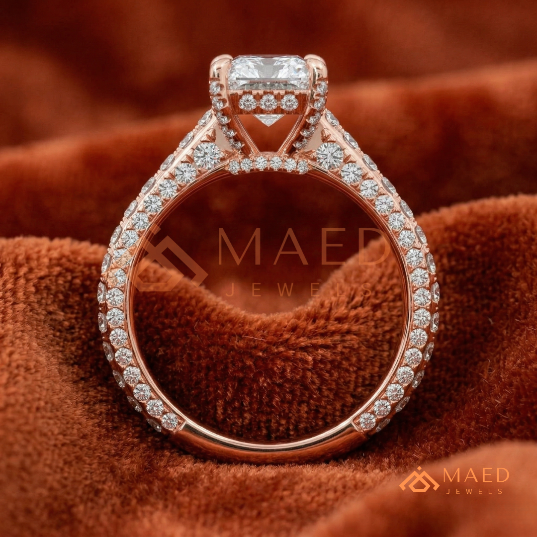 Radiant Cut Engagement Ring with Three-Row Pavé Band | 14k Gold, Rose Gold & Silver